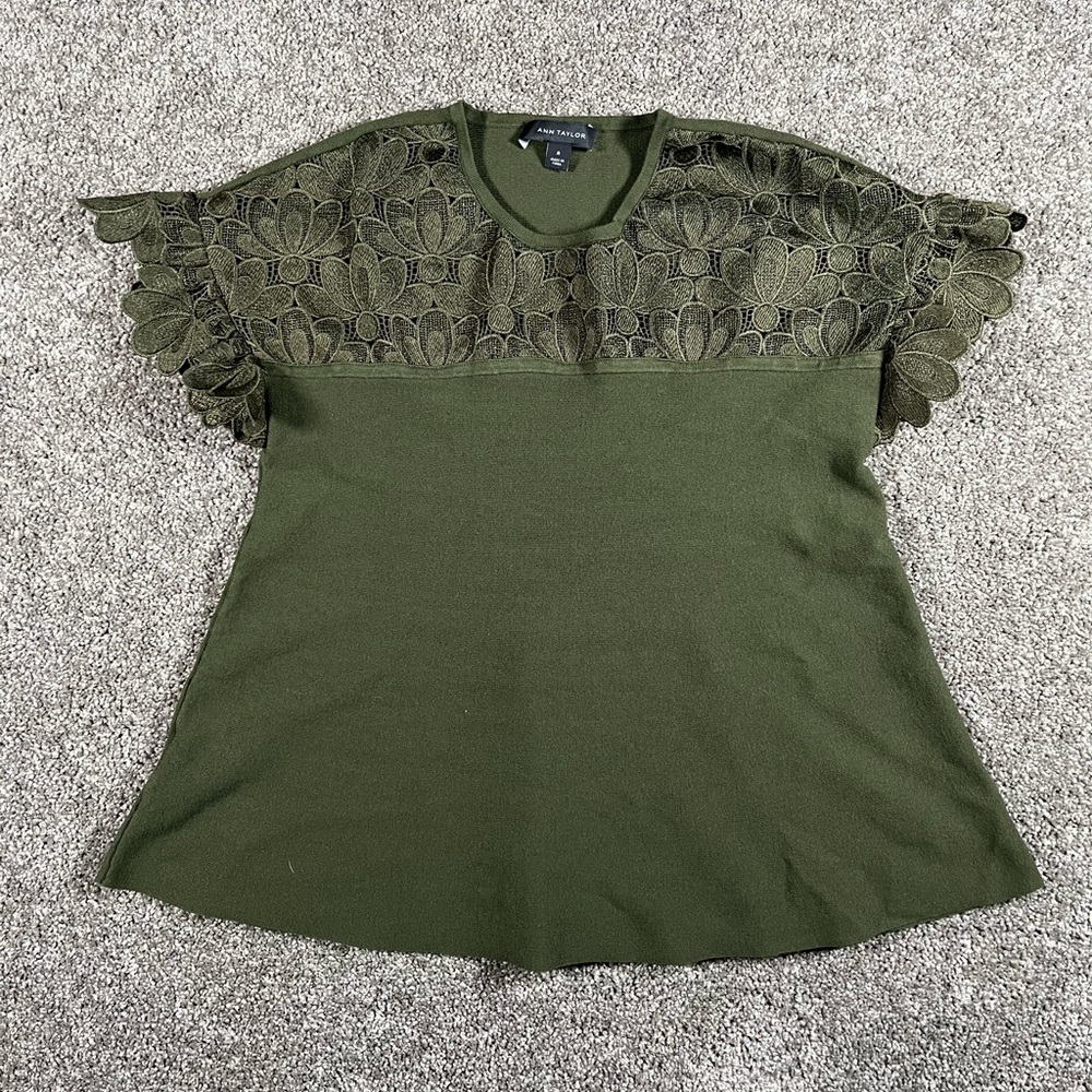 Ann Taylor Olive Lace Accent Blouse